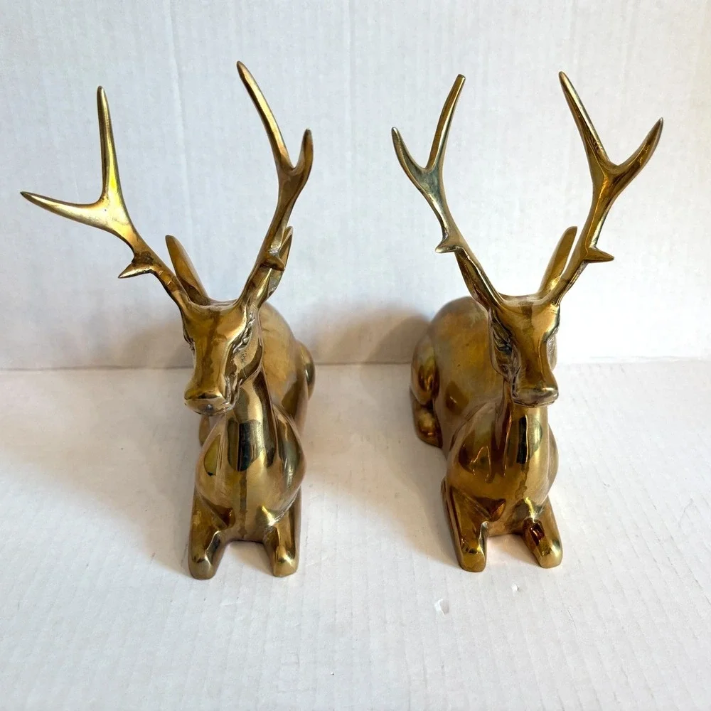 Vintage Large Solid Brass Reclining Deer Figurines Set of 2 MCM Buck Statues 8